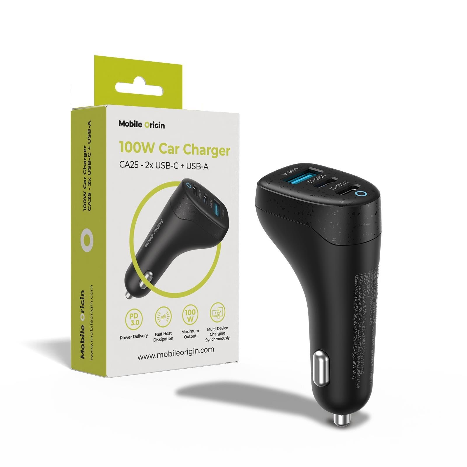 Mobile Origin 100W Car Charger CA25 - 2x USB-C + USB-A Mobil Oplader MO-100WCCH-CA25