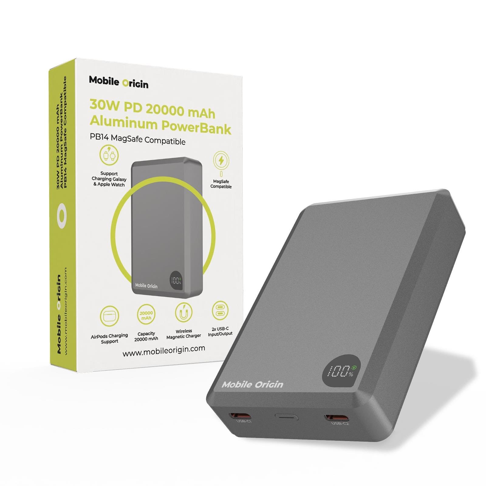 Mobile Origin 30W PD 20000mAh Aluminum PowerBank PB14 MagSafe Compatible - 20000 mAh Powerbank Grå MO-30WPD-PB14