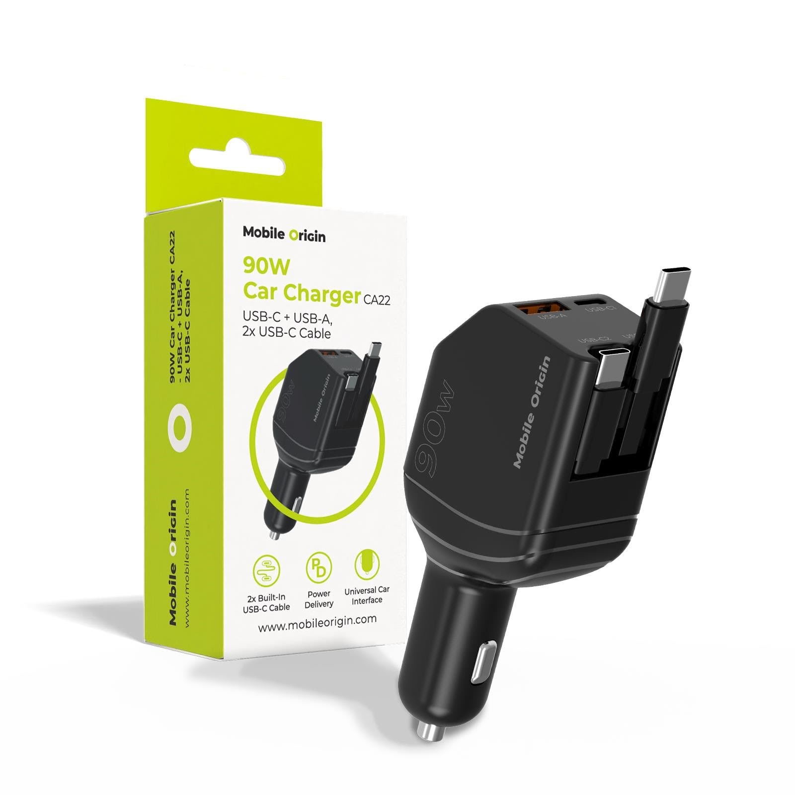Mobile Origin 90W Car Charger CA22 - USB-C + USB-A 2x USB-C Cable Mobil Oplader MO-90CCH-CA22