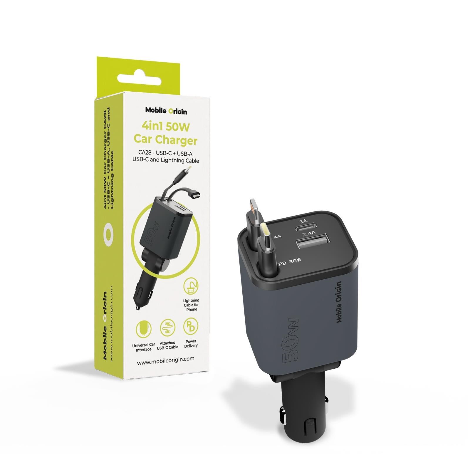 Mobile Origin 4in1 50W Car Charger CA28 - USB-C + USB-A USB-C and Lightning Cable Mobil Oplader MO-CCH-CA28