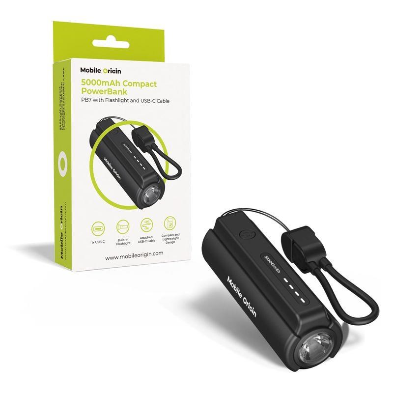 Mobile Origin 5000mAh Compact PowerBank PB7 with Flashlight and USB-C Cable - 5000 mAh Powerbank Sort MO-CPFC-PB7