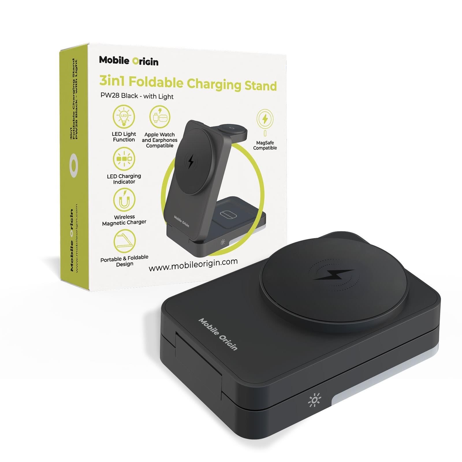 Mobile Origin PW28 3in1 Foldable Charging Stand with light - Black Mobil Oplader MO-FCHS-PW28-BLK