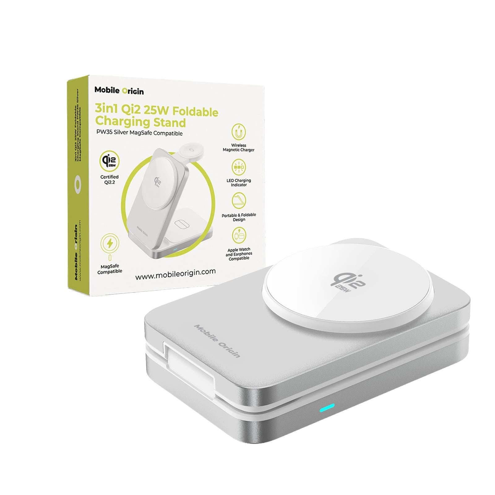 Mobile Origin 3in1 Qi2 25W Foldable Charging Stand PW35.MagSafe Compatible - Silver Mobil Oplader MO-FCHS-PW35-SLV