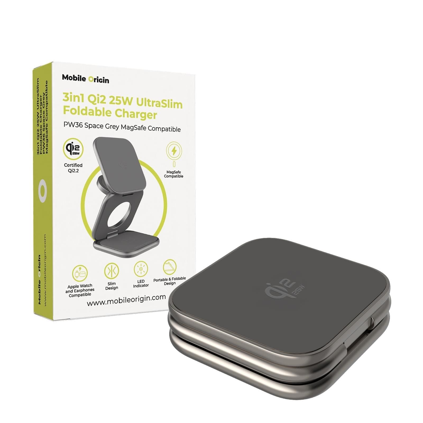 Mobile Origin 3in1 Qi2 25W UltraSlim Foldable Charger PW36 MagSafe Compatible Space Grey Mobil Oplader MO-USF-PW36-GRY