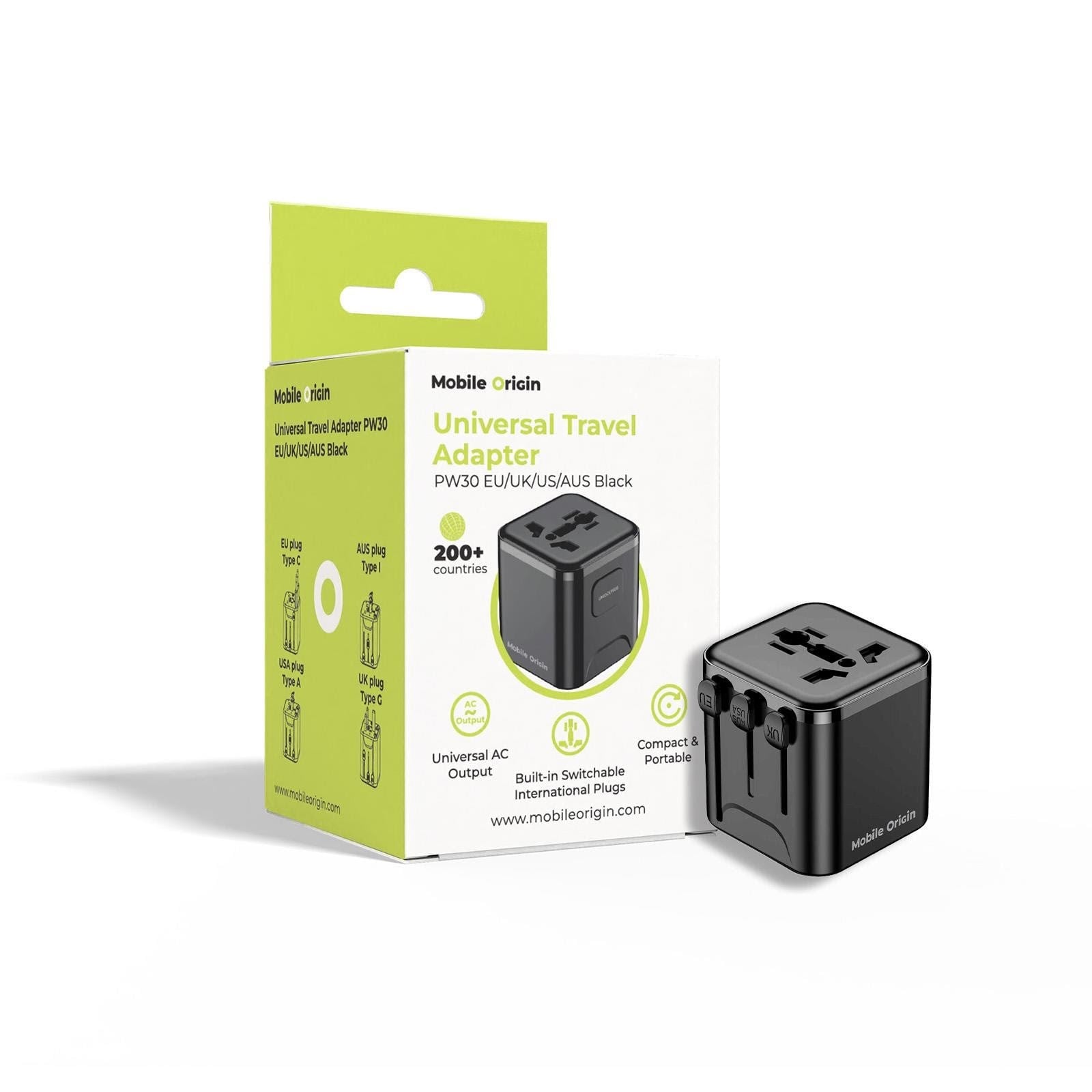 Mobile Origin Universal Travel Adapter PW30 EU/UK/US/AUS Black Mobil Oplader MO-UTRA-PW30-BLK