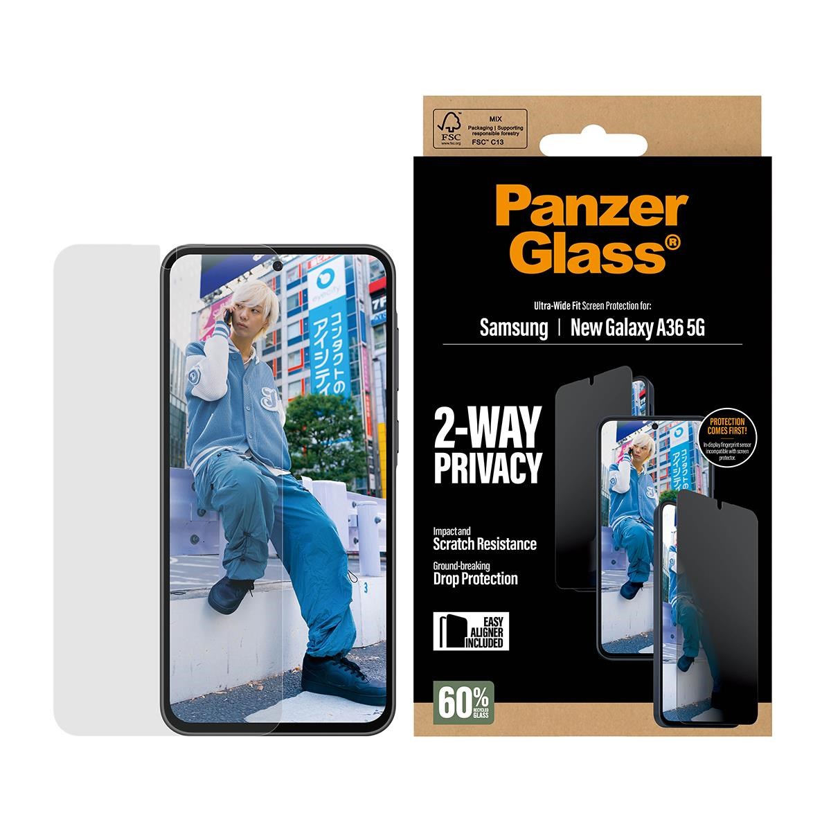 PanzerGlass Privacy Screen Protector Samsung Galaxy A37 | Ultra-Wide Fit w. EasyAligner Beskyttelsesglas PG90806