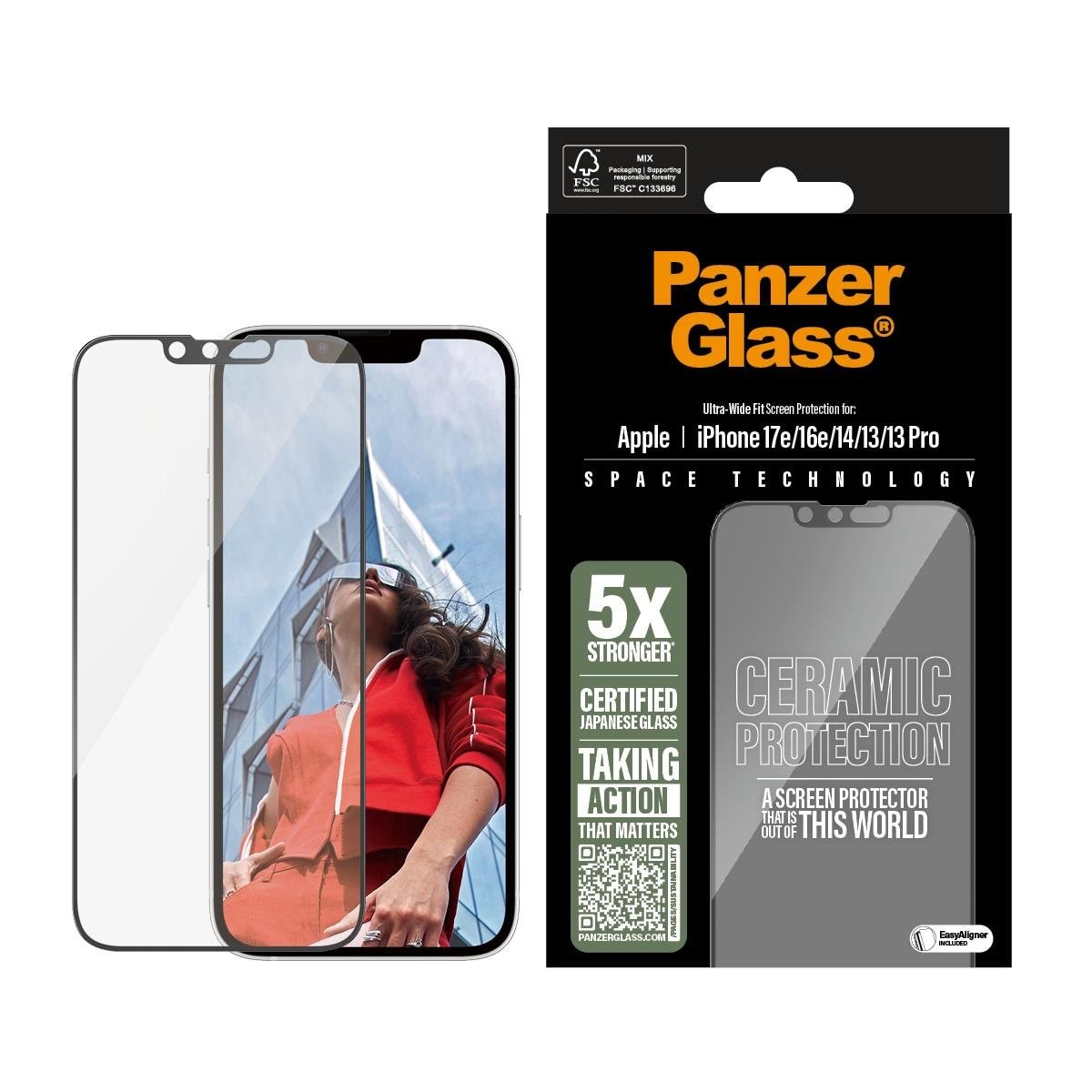 PanzerGlass Ceramic Screen Protector iPhone 17e | 16e | 14 | 13 Pro | 13 | Ultra-Wide Fit w. EasyAligner