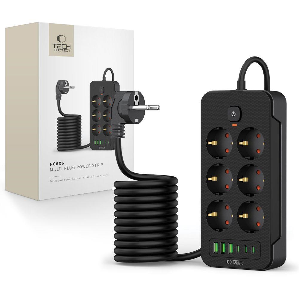 Tech-Protect Power Strip PC6X6 6 Sockets 240V + 3xUSB-A + 3xUSB-C 200cm - Black Mobil Oplader 5906302310586