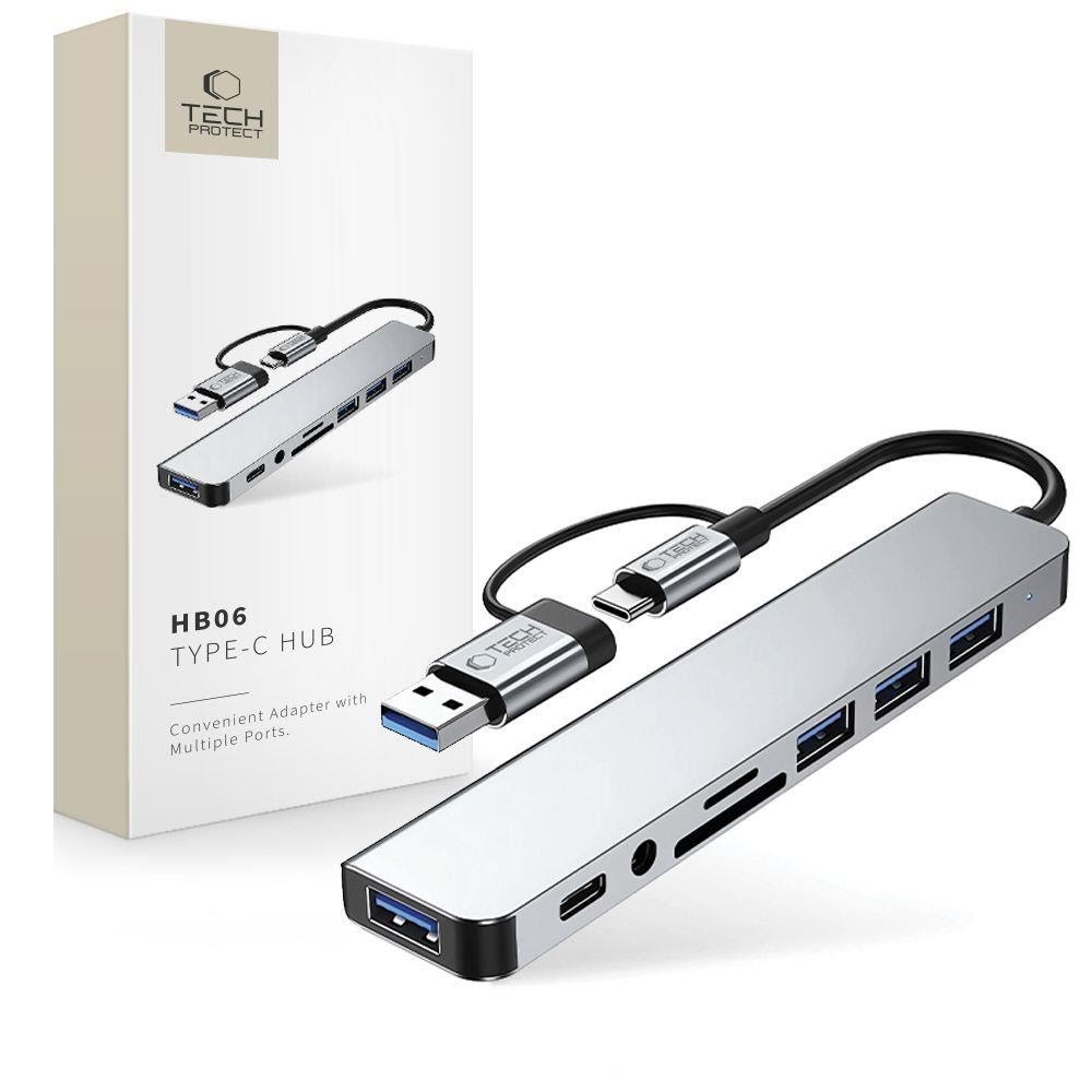 Tech-Protect HB06 HUB Adapter 8in1 TYPE-C + USB2.0 + USB3.0 + SD/TF + AV3.5 - Grey USB hub - USB 2.0 - 8 ports - Grå Usb Hub 5906302360550