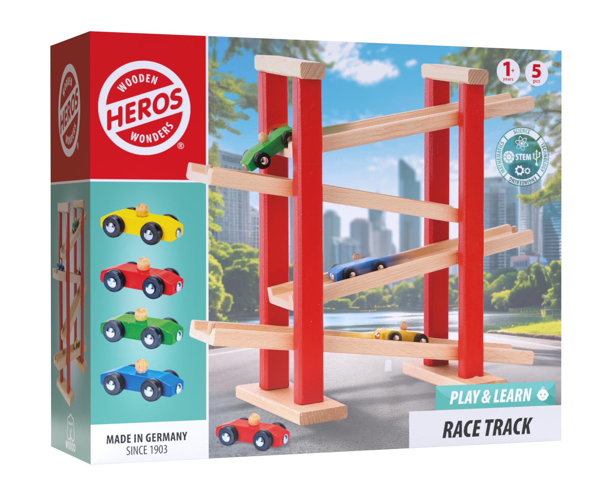 Heros Play & Learn - Træracerbane med 4 biler Trælegetøj HE0014