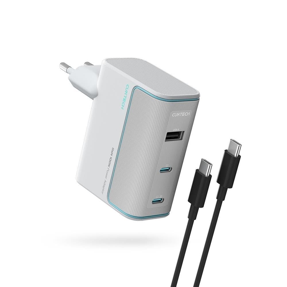 CUKTECH AD1003EU 100W GaN 2x USB-C + USB-A Wall Charger with Cable - White Mobil Oplader CKAD1003EUGW