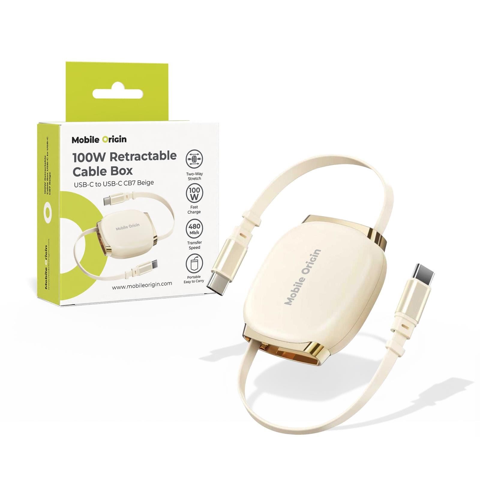 Mobile Origin 100W Retractable Cable Box USB-C to USB-C CB7 Beige Usb Kabel MO-CB7-BG