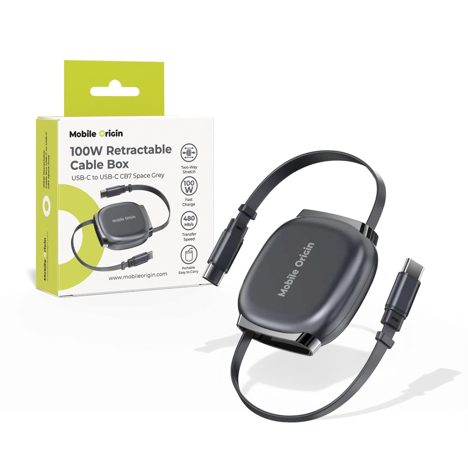 Mobile Origin 100W Retractable Cable Box USB-C to USB-C CB7 Space Grey Usb Kabel Grå MO-CB7-SPG
