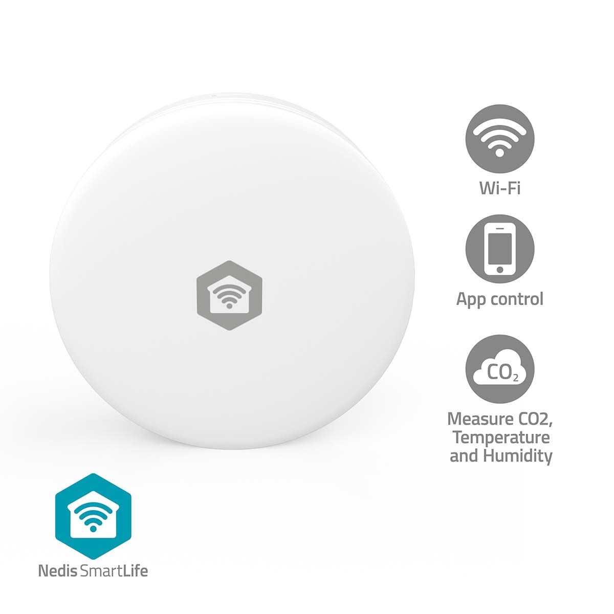 Nedis SmartLife-luftkvalitetsmåler Wi-Fi Fugtighed / Kuldioxid (CO2) Hvid Smart Home WIFISA11CWT