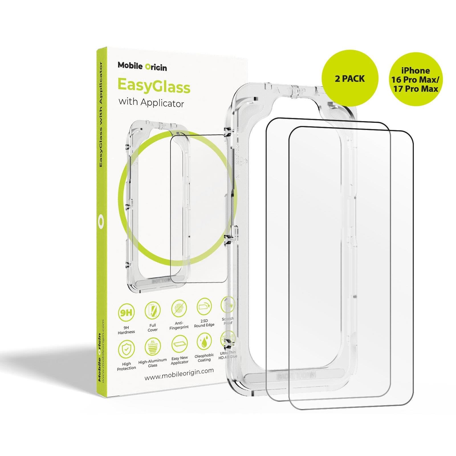 Mobile Origin EasyGlass with Applicator iPhone 16 Pro Max/17 Pro Max - 2 pack