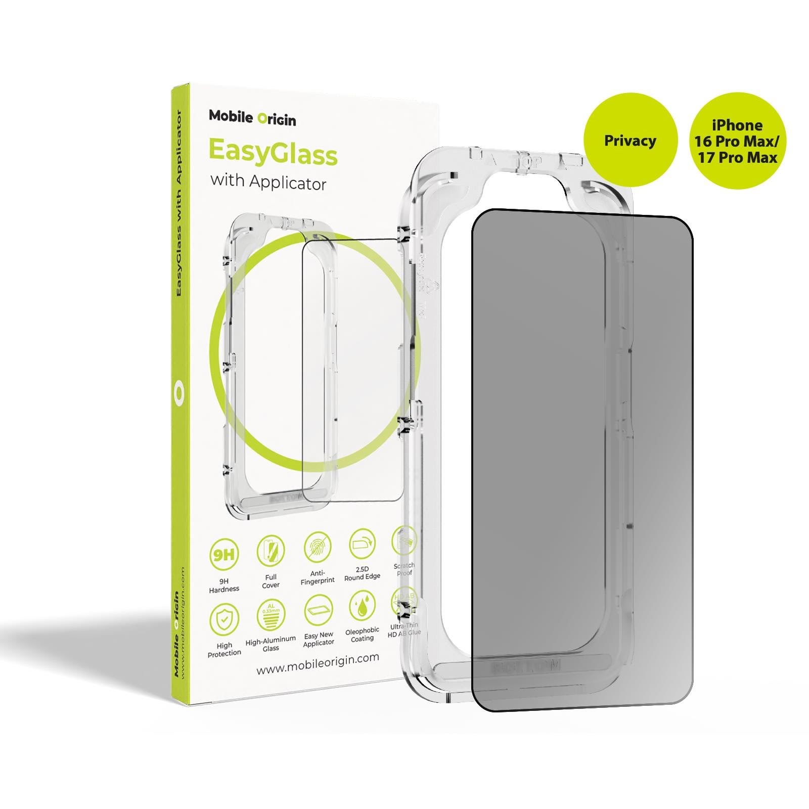 Mobile Origin EasyGlass Privacy with Applicator iPhone 16 Pro Max/17 Pro Max