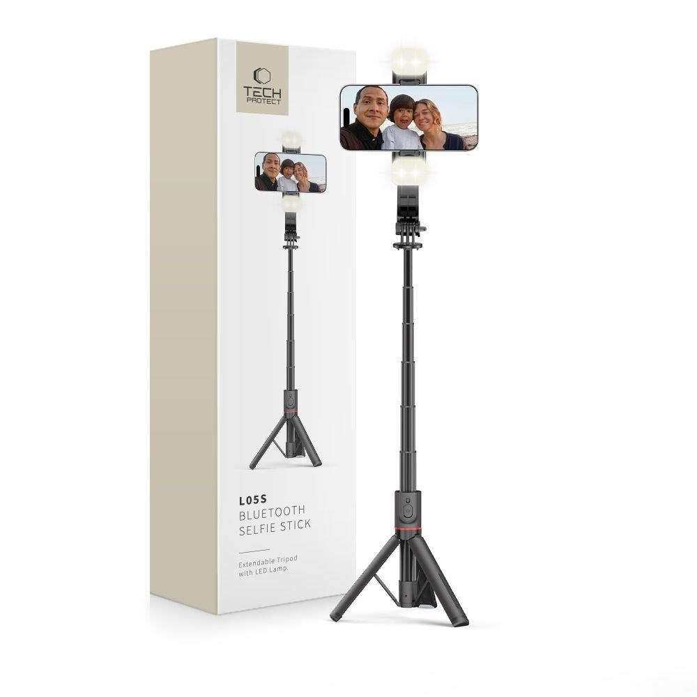 Tech-Protect L05S Bluetooth Selfie Stick with Tripod up to 105cm with LED Lamp - Black Mobil Tilbehør 5906203690381