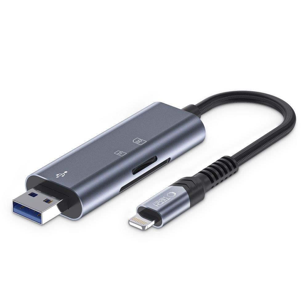 Tech-Protect UltraBoost SD / micro SD card reader with Lightning / USB-A connector - grey USB hub - USB 2.0 - 3 ports - Grå