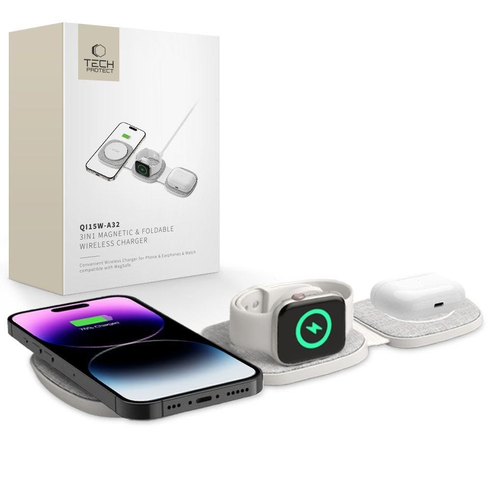 Tech-Protect QI15W-A32 3in1 Inductive Charger with MagSafe for Smartphone / Apple Watch / AirPods - Grey Mobil Oplader 5906302308255