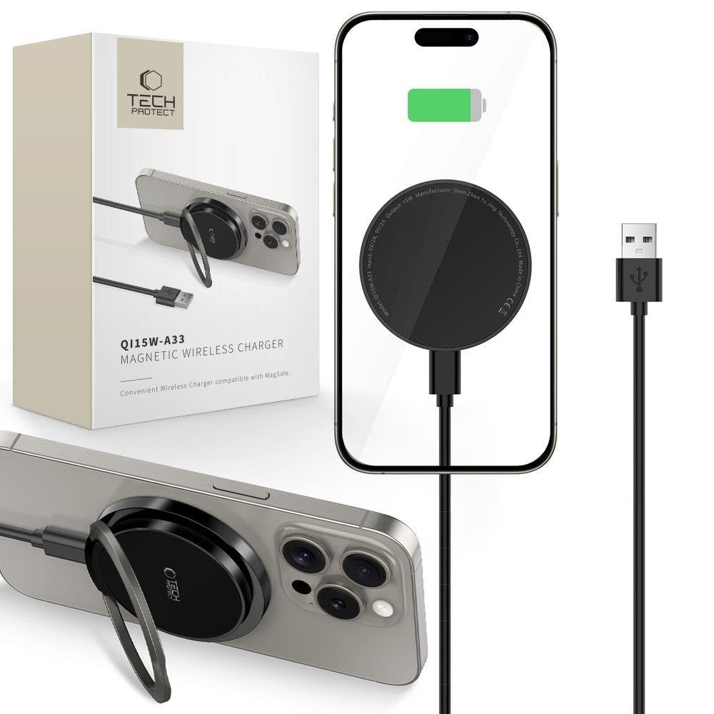 Tech-Protect QI15W-A33 Inductive Charger with MagSafe and Stand with USB-A / USB-C Cable - Black Mobil Oplader 5906302308347
