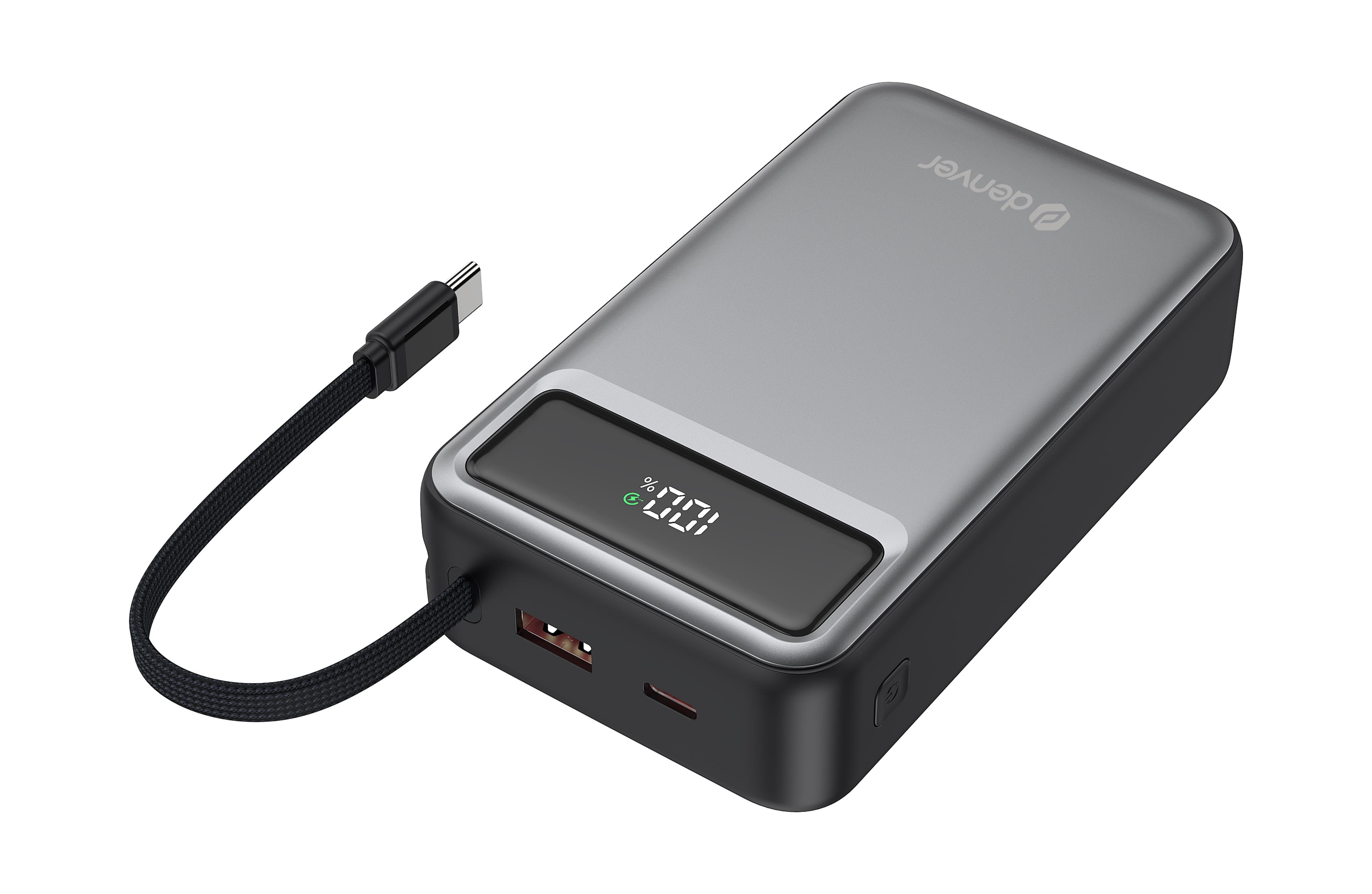 DENVER PQCA-20650 - Fast charge Powerbank With PD65W USB-C cable built-in - 20000 Ah Powerbank Sort