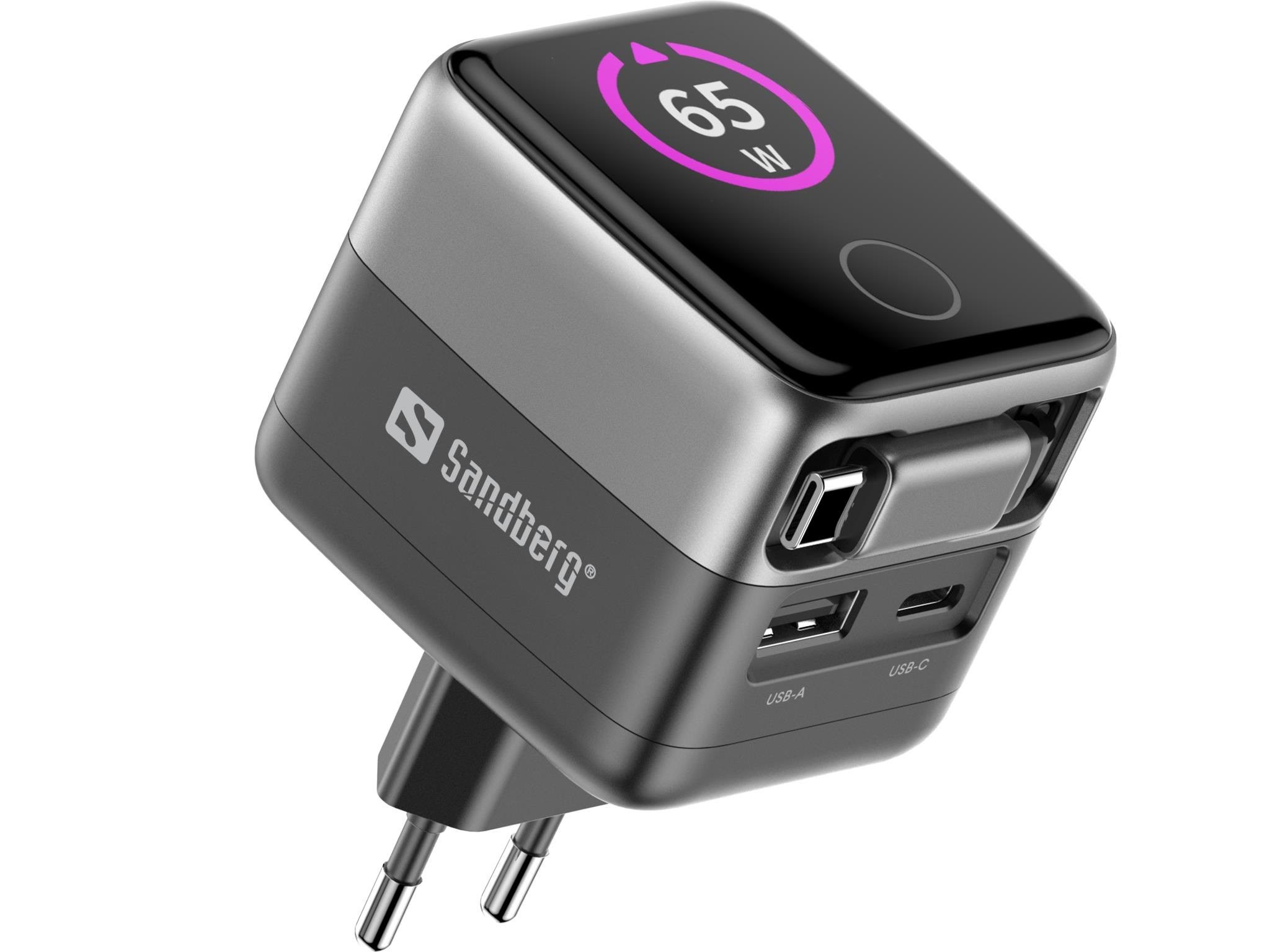 Sandberg Travel Charger PD65W Display + Cable Oplader Til Bærbar 441-74