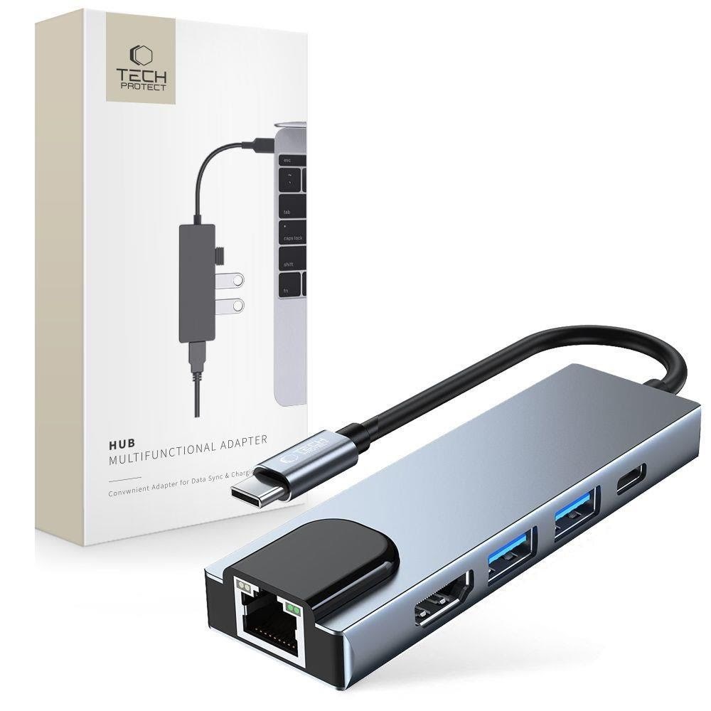 Tech-Protect V3 5in1 USB-C - USB-A 3.0 / USB-A 2.0 / USB-C / HDMI / RJ45 - grey USB hub - USB 2.0 - 6 ports - Grå Usb Hub 9589046919312