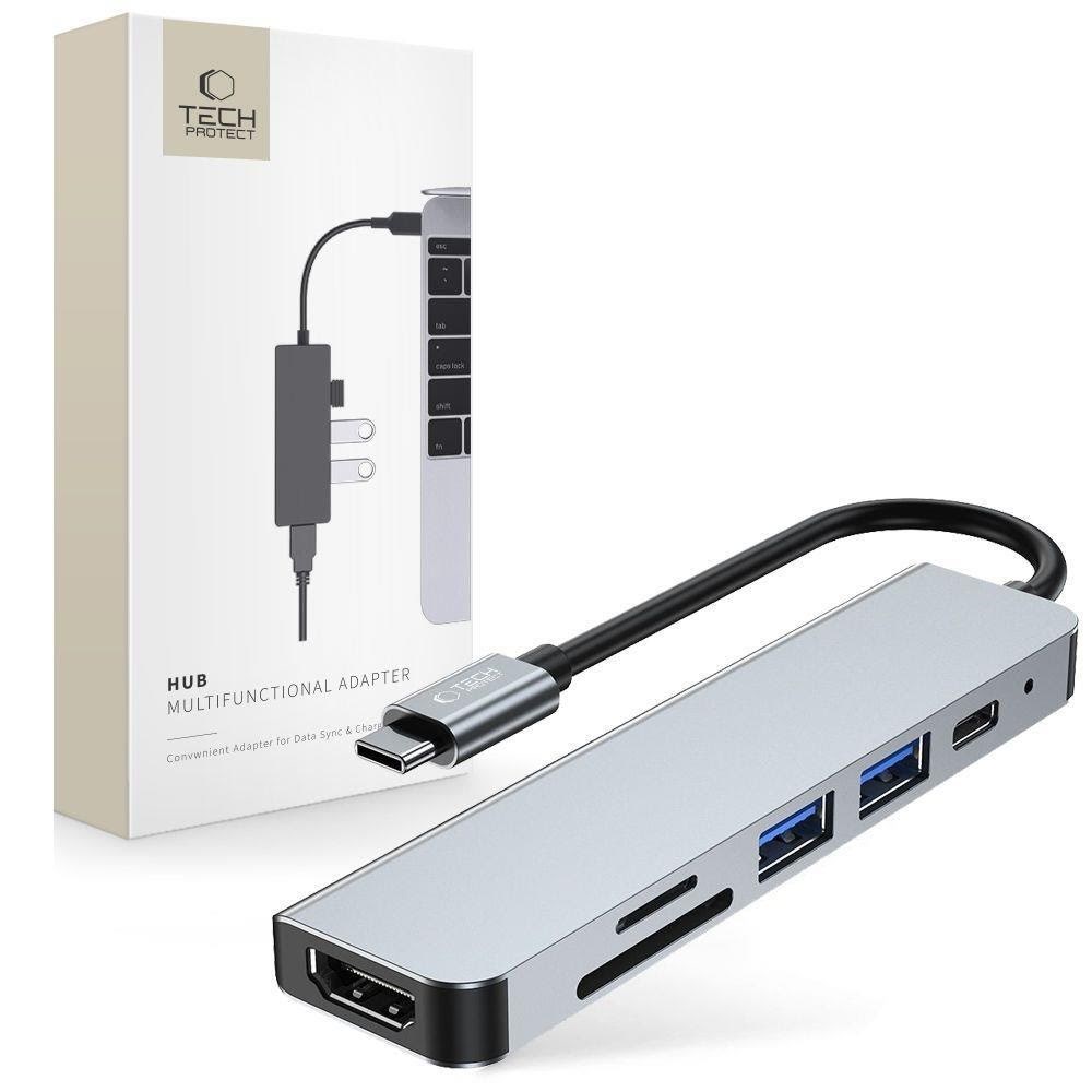 Tech-Protect V4 6in1 USB-C - USB-A 3.0 / USB-A 2.0 / USB-C / HDMI / micro SD / TF / SD card reader - gray USB hub - USB 2.0 - 6 ports - Grå