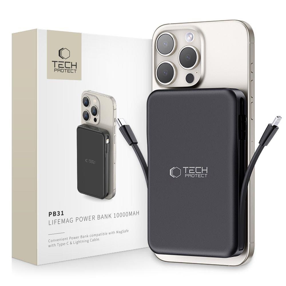 Tech-Protect LifeMag PB31 Power Bank with MagSafe 10000mAh 15W USB-C / USB-A / Built-in USB-C / Lightning Cables - Black - 10000 mAh Powerbank Sort 