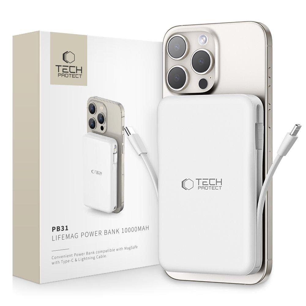 Tech-Protect LifeMag PB31 Power Bank with MagSafe 10000mAh 15W USB-C / USB-A / Built-in USB-C / Lightning Cables - White - 10000 mAh