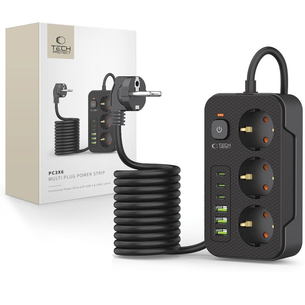 Tech-Protect Power Strip PC3X6 3 Sockets 240V + 3xUSB-A + 3xUSB-C 200cm - Black Mobil Oplader 5906302310555