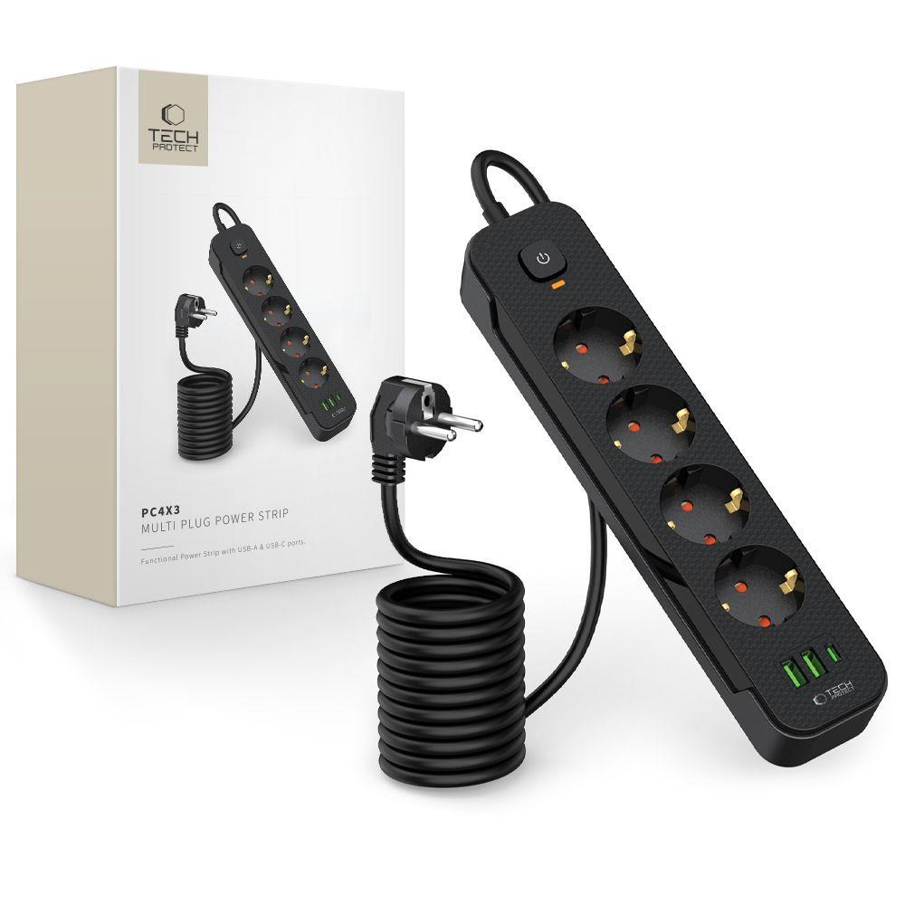 Tech-Protect PCL4X3 Power Strip 4 Sockets 240V + 2xUSB-A + 1xUSB-C 200 cm - Black Mobil Oplader 5906302310593