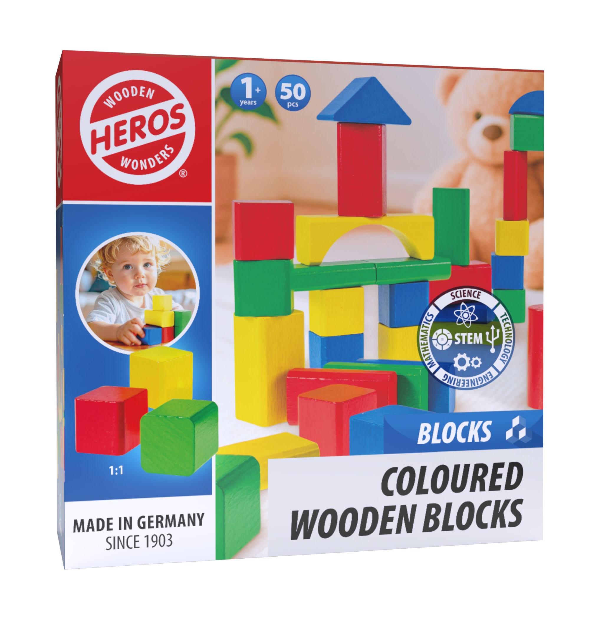 Heros Blocks Coloured wooden blocks 50pcs compact Konstruktionslegetøj HE0002