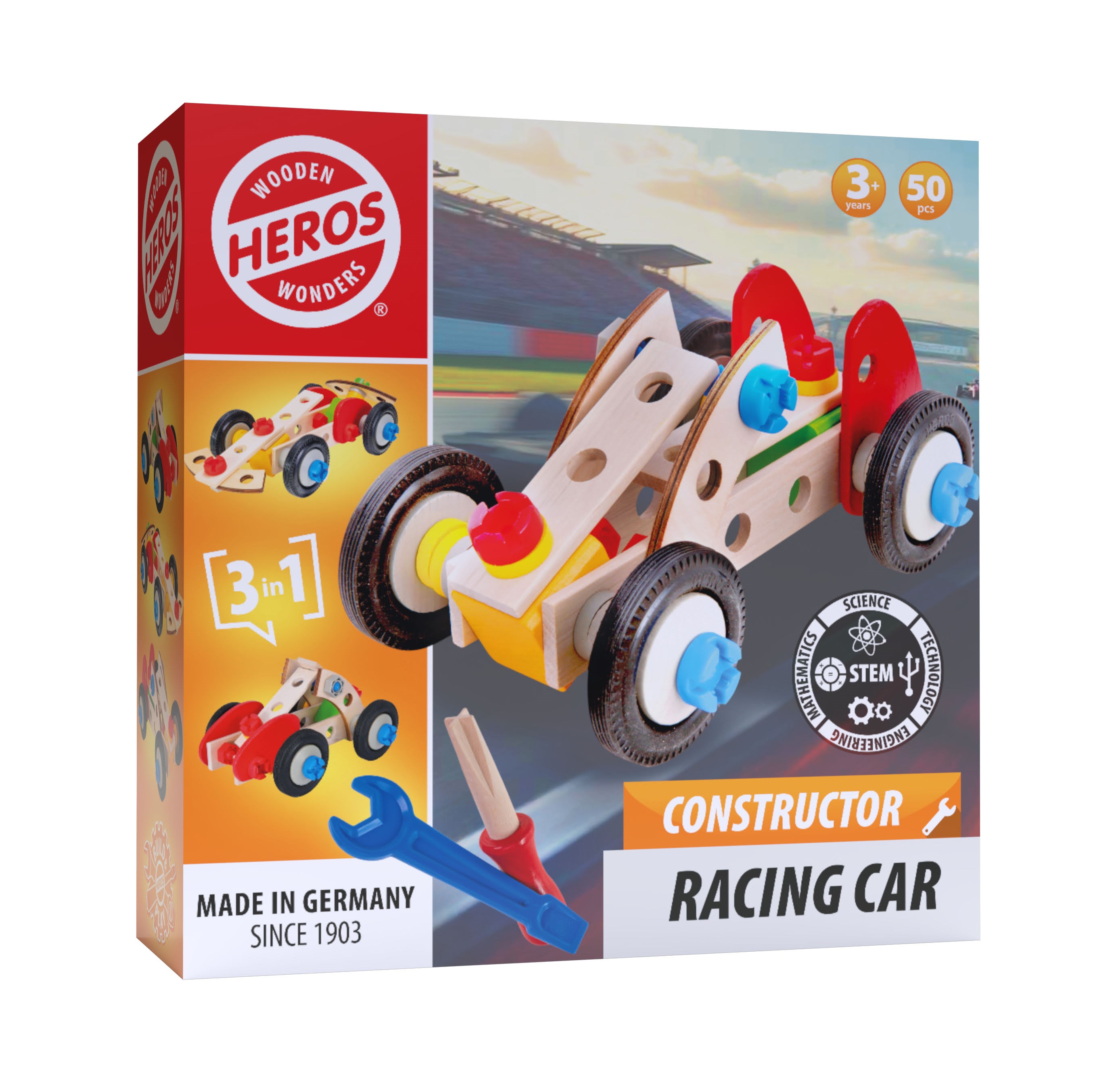 Heros Constructor - 3-i-1, racerbil, 50 dele Konstruktionslegetøj HE0006