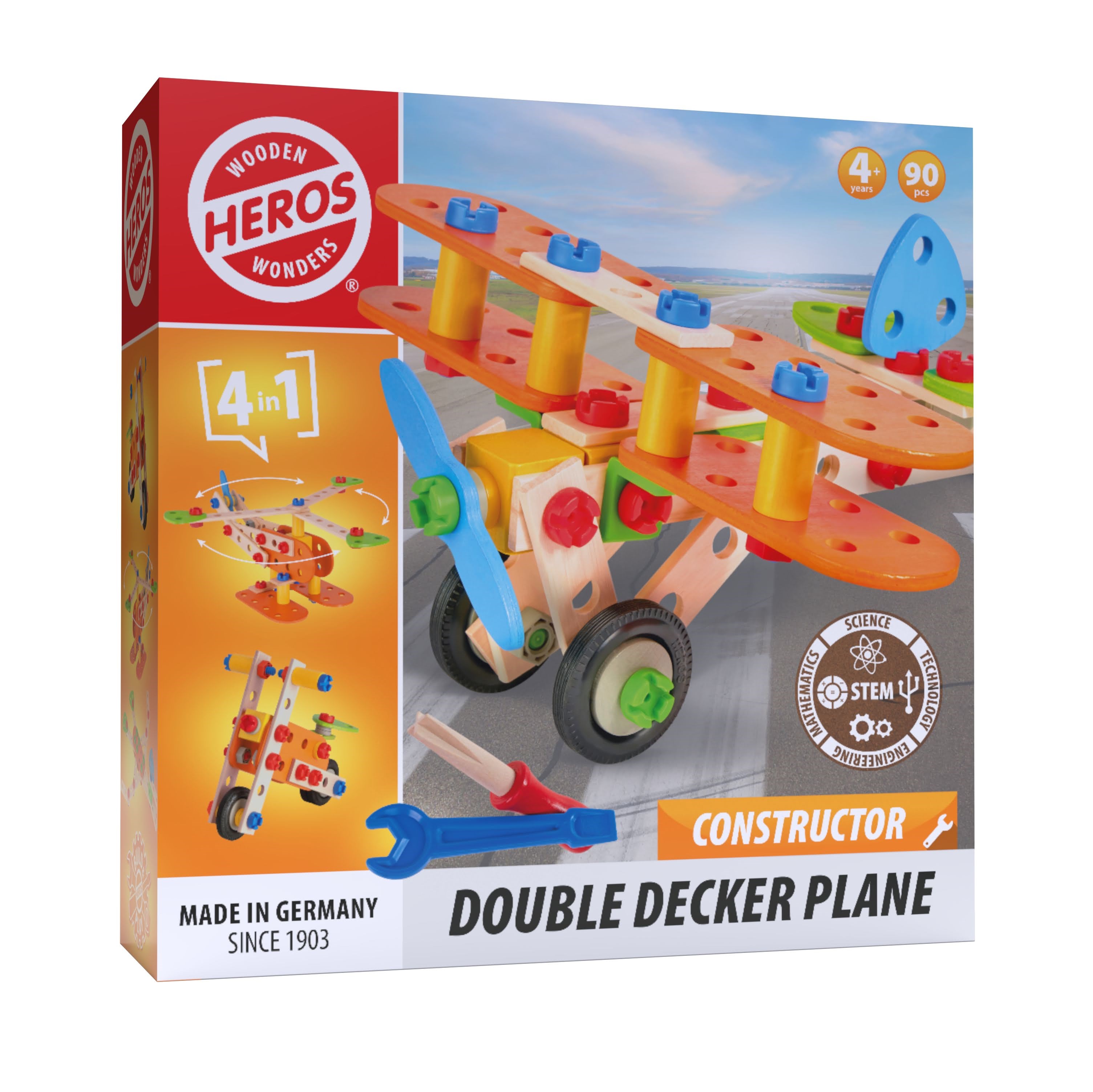 Heros Constructor - 4-i-1, dobbeltdækkerfly, 90 dele Konstruktionslegetøj HE0008