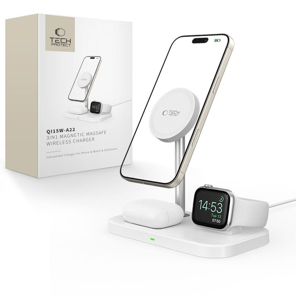 Tech-Protect QI15W-A22 Inductive MagSafe Charger with 3in1 MagSafe Stand for Smartphone / Apple Watch / AirPods - White Mobil Oplader 9490713930977