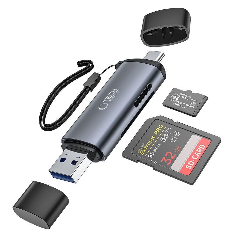 Tech-Protect UltraBoost SD / micro SD card reader with USB-C / USB-A connectors - grey USB hub - USB 3.0 - 4 ports - Grå Usb Hub 9490713934685