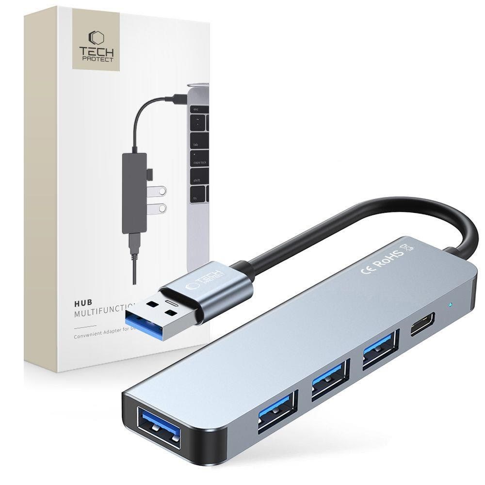 Tech-Protect HUB V0 5in1 USB-A - USB-A 3.0 / 3x USB-A 2.0 / USB-C - grey USB hub - USB 2.0 - 5 ports - Grå