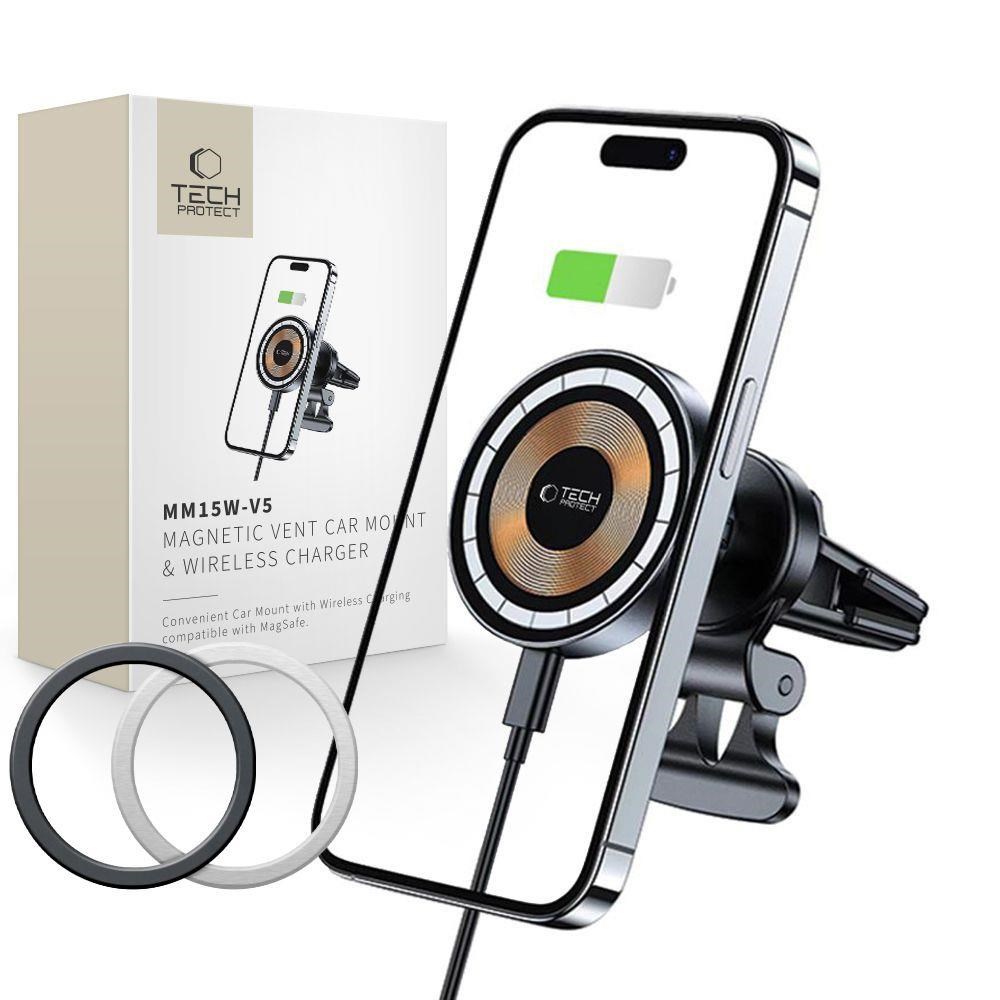Tech-Protect MM15W-V5 Car Phone Holder with MagSafe 15W Inductive Charger for Air Vent - Black Mobil Oplader 9490713934739
