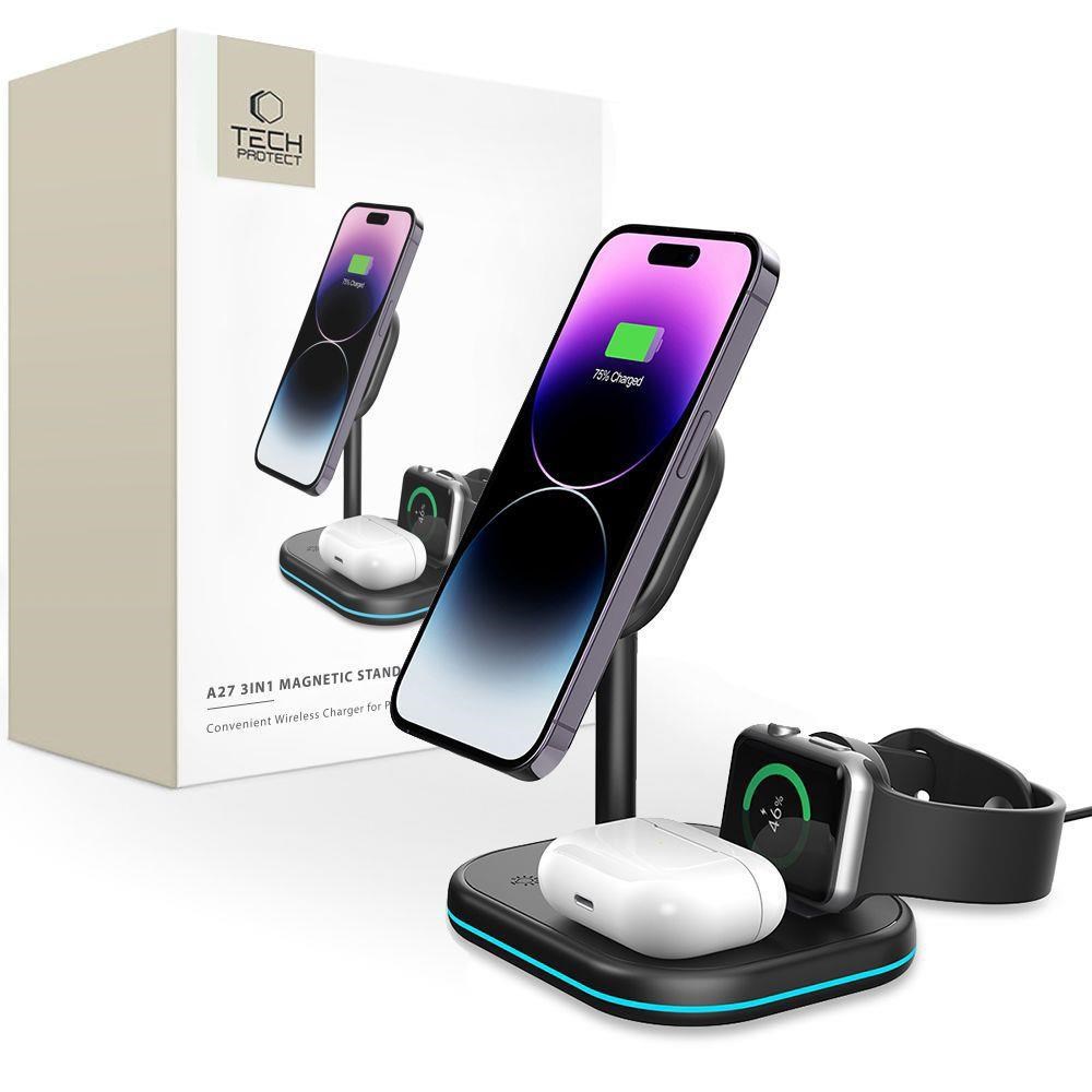 Tech-Protect QI15W-A27 3in1 Inductive Charger with MagSafe Stand for Smartphone / Apple Watch / AirPods - Black Mobil Oplader 9490713934586