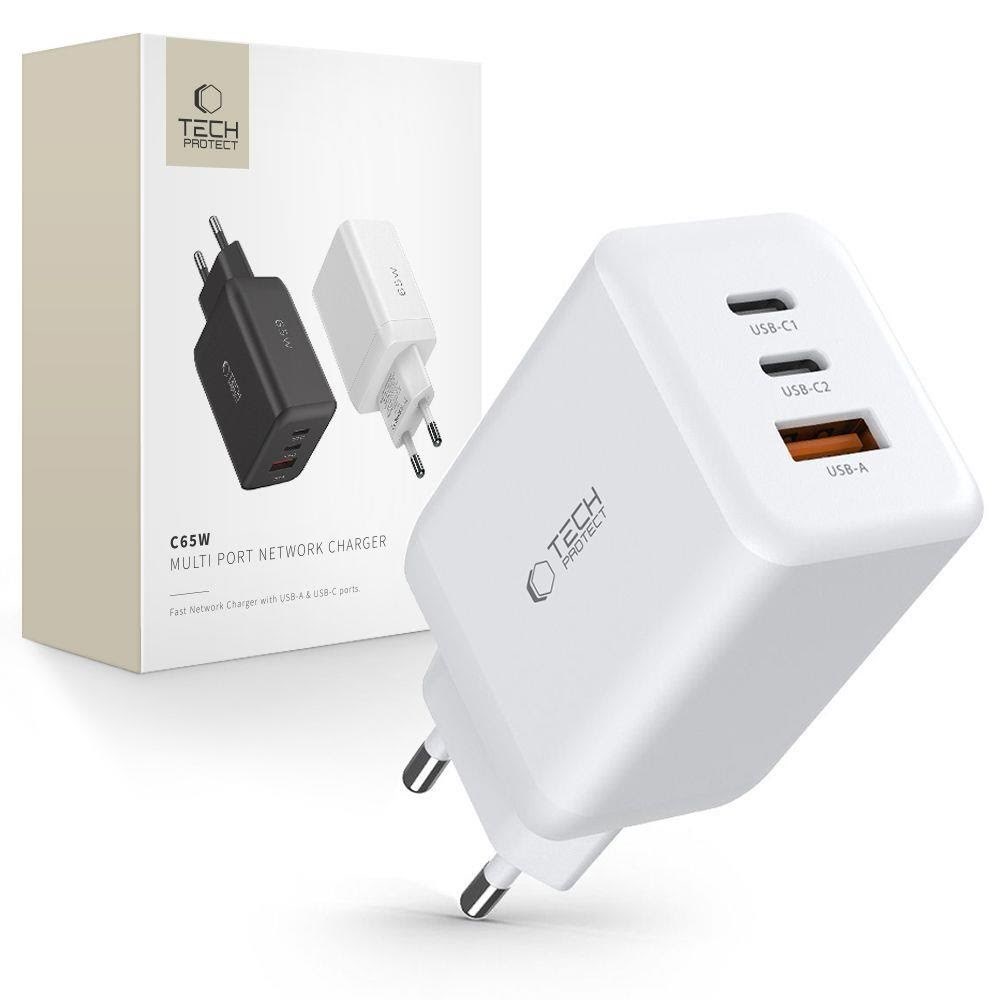 Tech-Protect C65W AC Charger 2x USB-C PD 65W / USB-A QC 3.0 - White Mobil Oplader 9490713934517