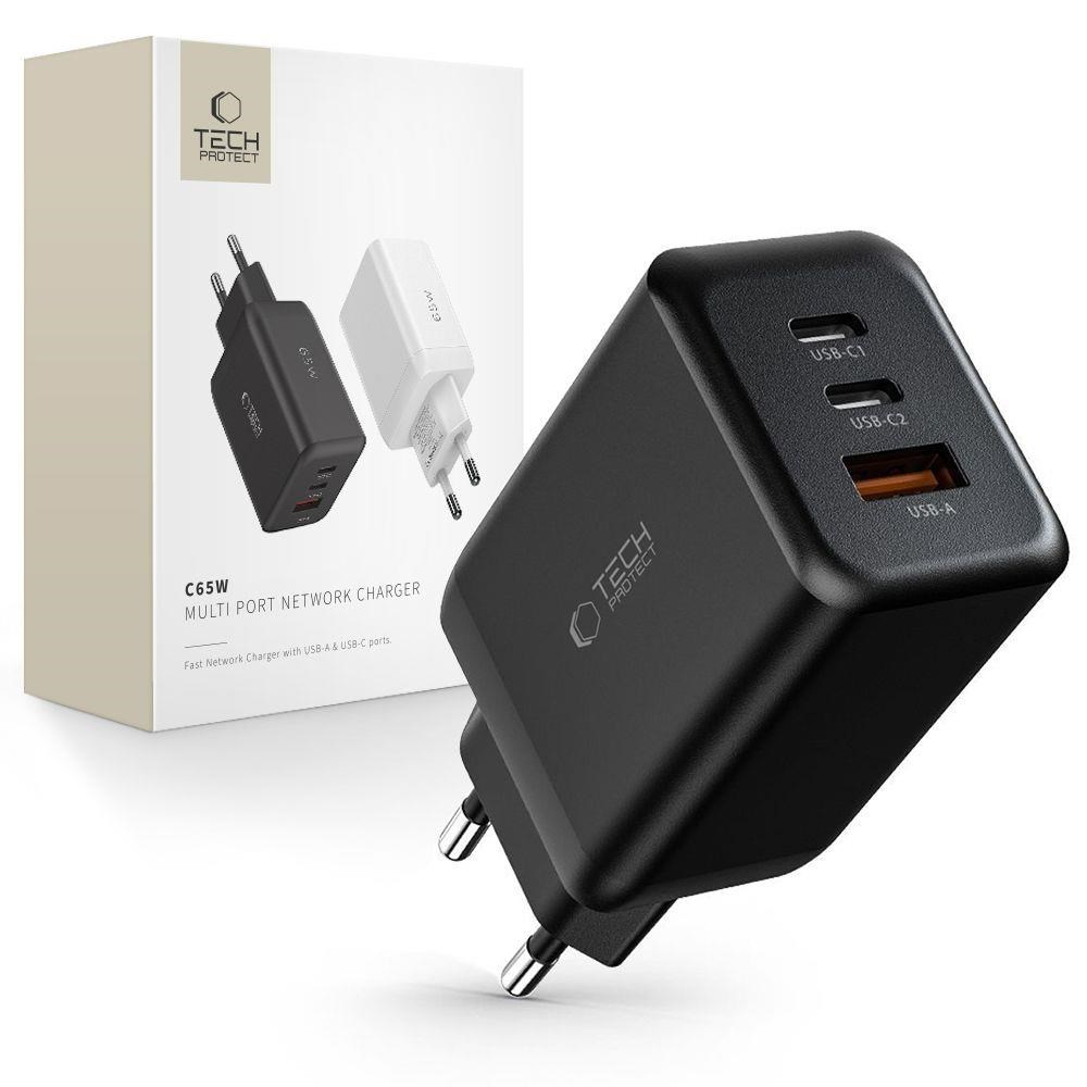 Tech-Protect C65W AC Charger 2x USB-C PD 65W / USB-A QC 3.0 - Black Mobil Oplader 9490713934524