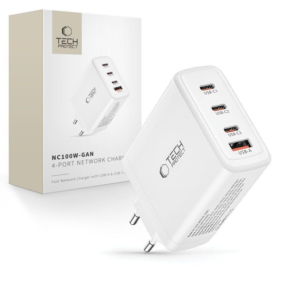 Tech-Protect NC100W-GAN GaN 3x USB-C PD 100W / USB-A QC 3.0 Charger - White Mobil Oplader 9490713934814
