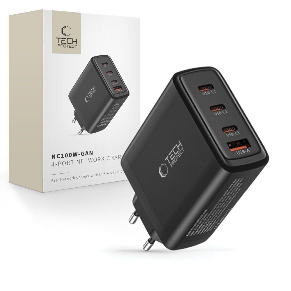 Tech-Protect NC100W-GAN GaN 3x USB-C PD 100W / USB-A QC 3.0 Charger - Black