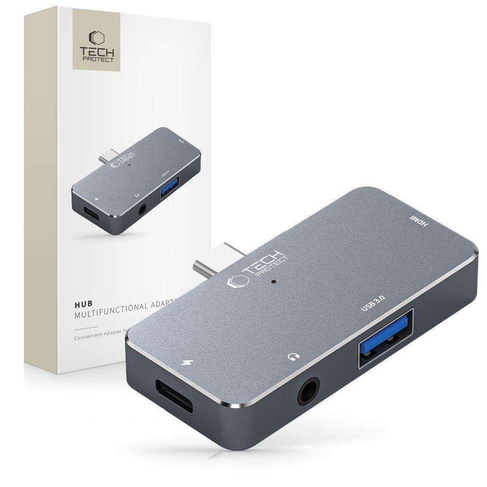 Tech-Protect HUB V6 4in1 USB-C - USB-A 3.0 / USB-C PD100W / HDMI / mini jack 3.5mm - grey USB hub - USB 3.0 - 4 ports - Grå