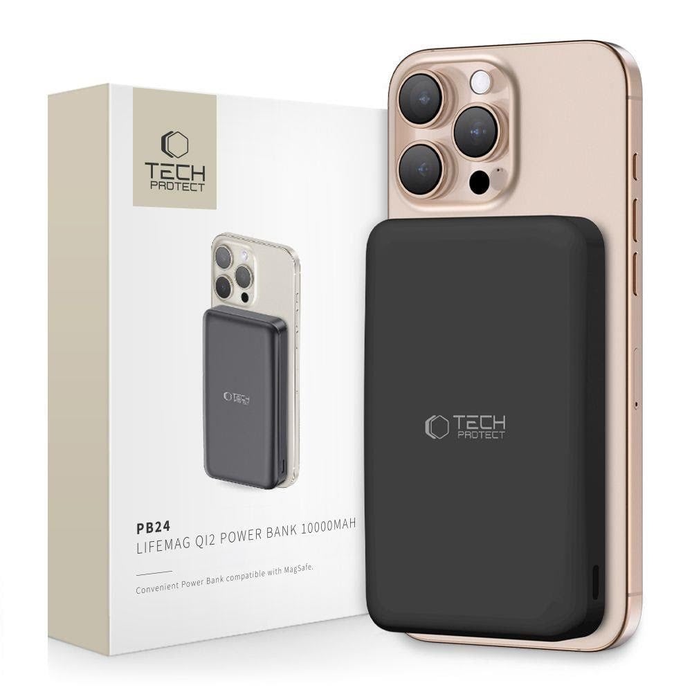 Tech-Protect Powerbank PB24 LifeMag QI2 MagSafe 10000 mAh - Black - 10000 mAh Powerbank Sort 5906302313273