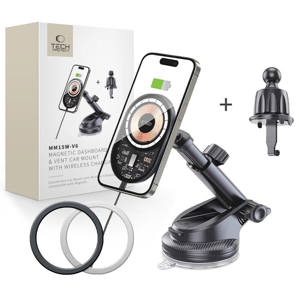 Tech-Protect Car Mount with 15W MM15W-V6 Charger with MagSafe for Dashboard and Air Vent - Black