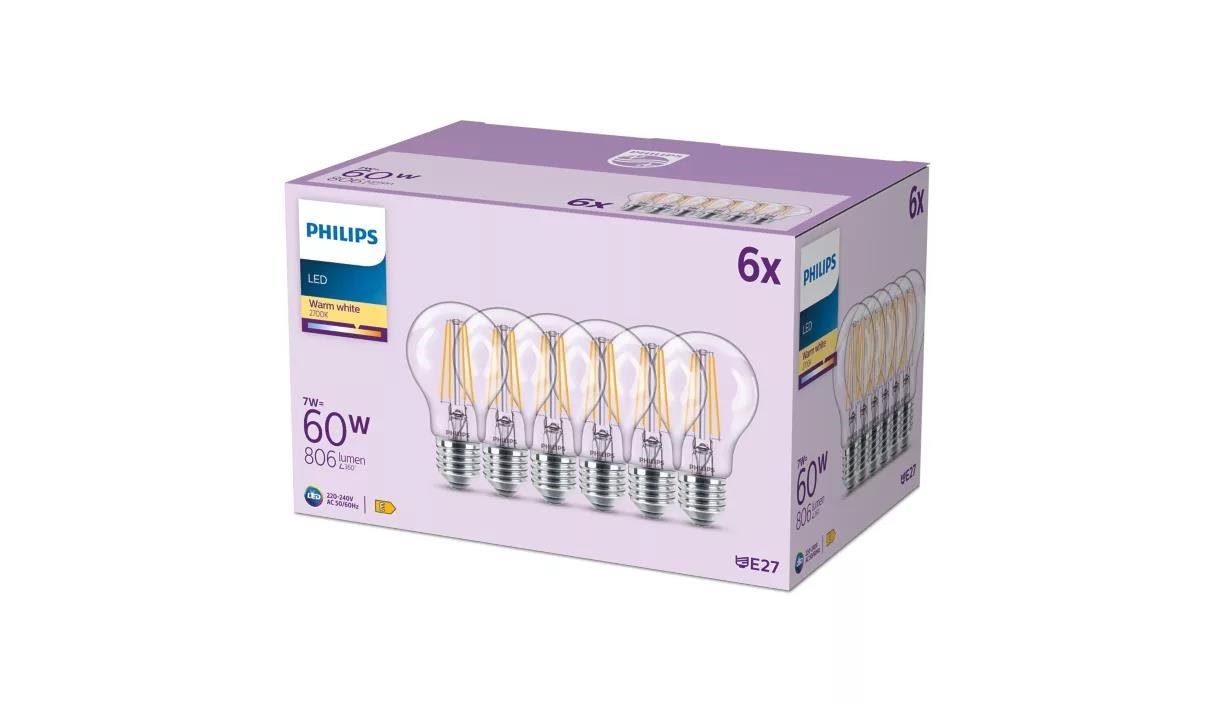 Philips LED pære A60 7W/827 (60W) Klar 6-pak E27 Lyskilde 929001387398