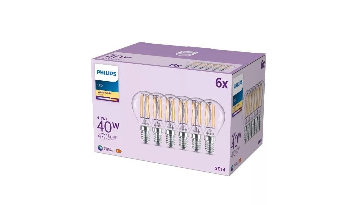 Philips LED pære P45 4,3W/827 (40W) Klar 6-pak E14 Lyskilde 929001890494