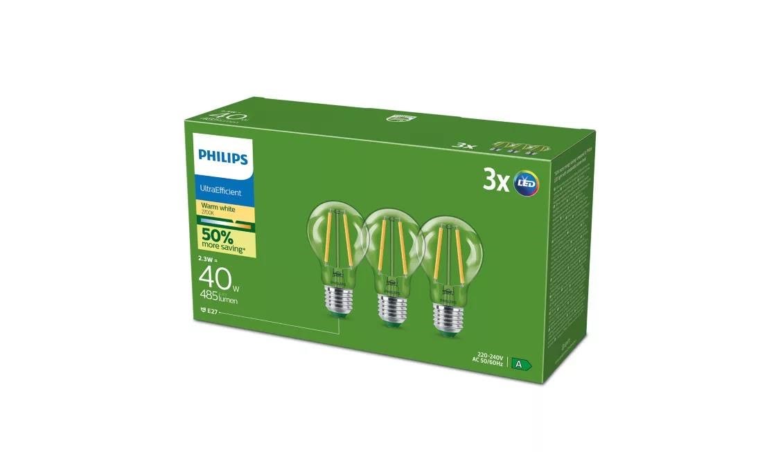 Philips LED pære Ultra Efficient A60 2,3W/827 (40W) Klar 3-pak E27 Lyskilde 929003622793
